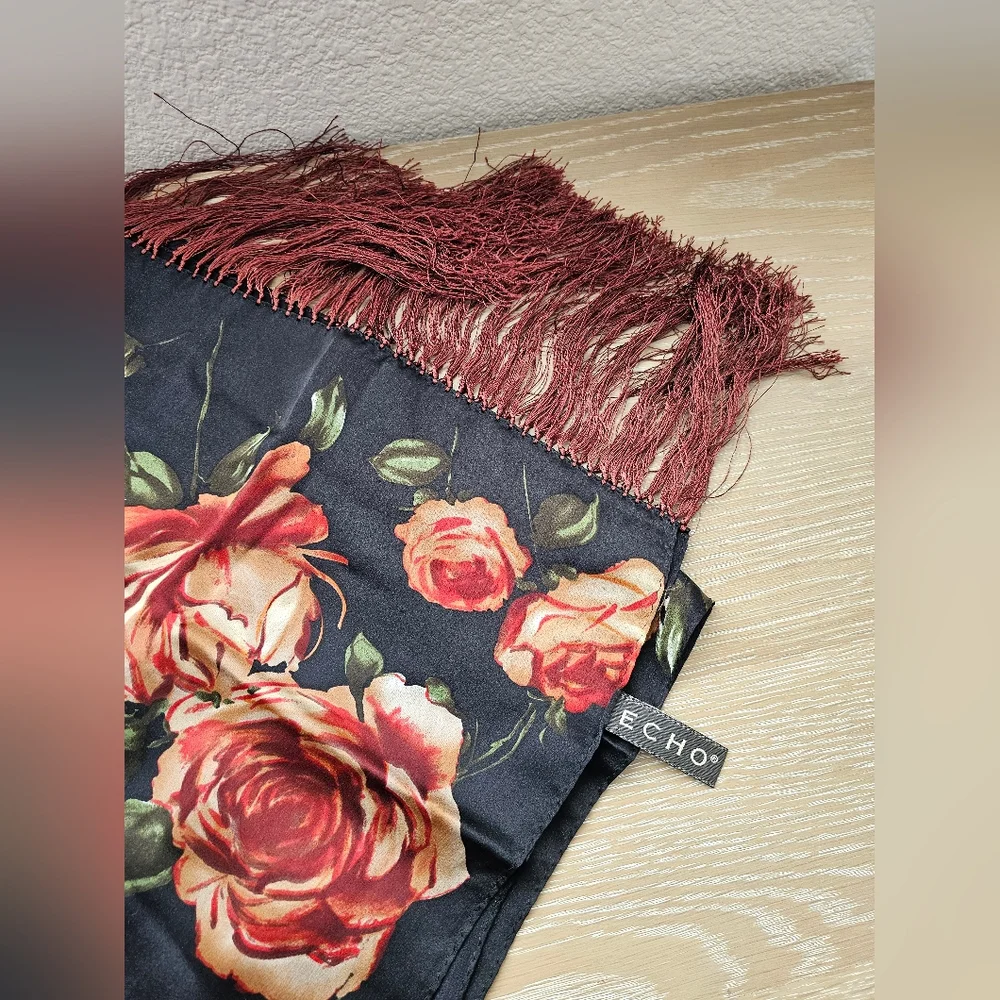 Vintage Echo 100% Silk Scarf Black & Crimson Cabbage Rose Long Knotted Fringe